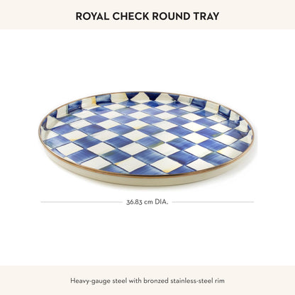 MACKENZIE-CHILDS Enamel Round Tray, Unique Serving Platter for Food and Drinks, Blue-and-White Royal Check