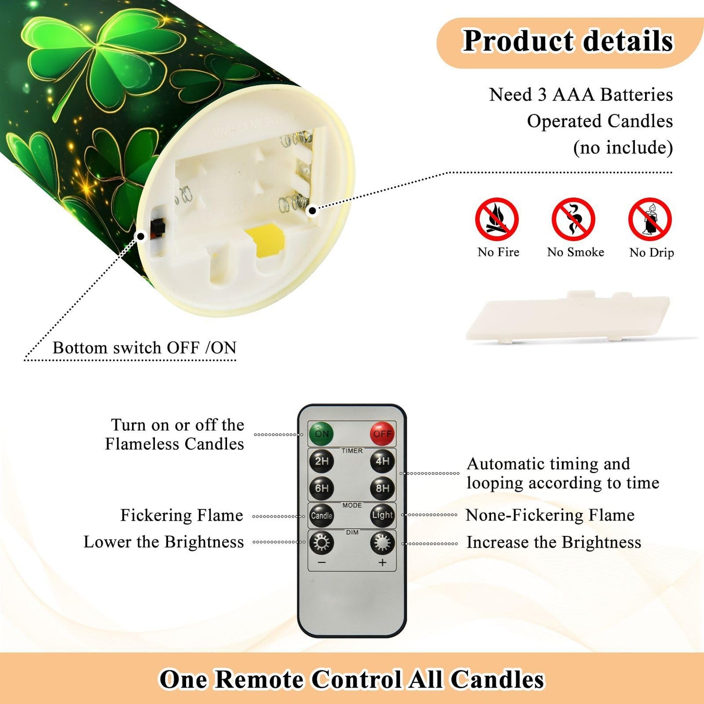 St. Patrick's Day Flameless Candles Set of 2 Clover Pattern C Realistic LED Candles with Remote Battery Operated Holiday Decorations