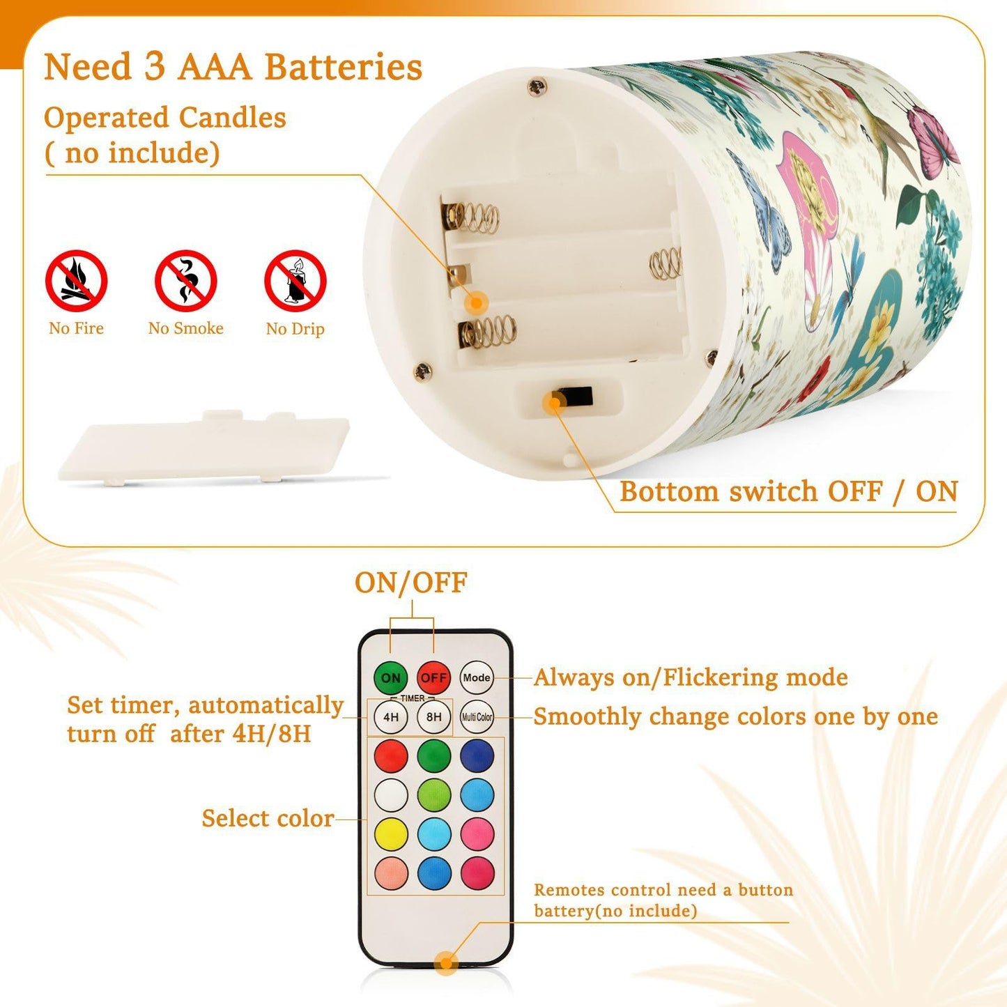 Beautiful Spring Flowers Butterflies Hummingbirds Flickering Flameless Candles Battery Operated with Remote Timer,Tea Light Candles LED Pillar Votive Candles set of 2 for Outdoor Indoor Decorations