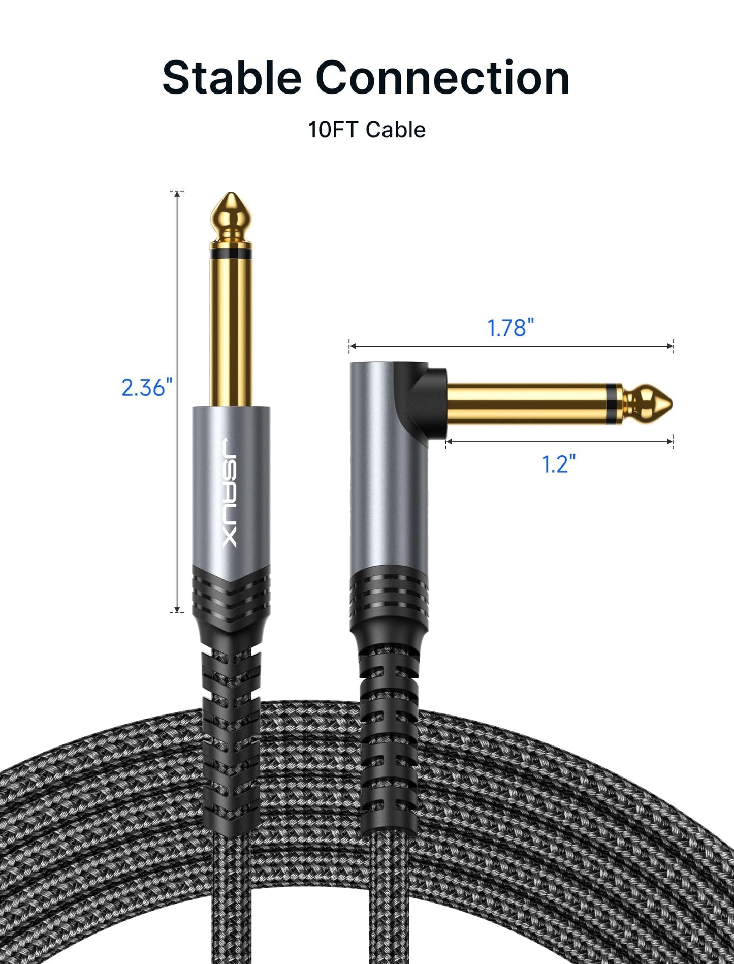 JSAUX Guitar Cable 10 ft, Amp Cord for Electric Guitar/Mandolin/Bass, Pro Audio Instrument Cable with 1/4" Tips(TS Port) Right Angle to Straight-Gray