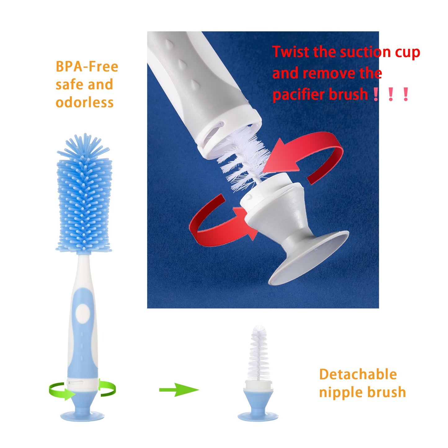 Chemimoso Multifunctional Cleaning Brush, Baby Bottle Brush, Bottle Brush Cleaner, Rotate The Suction Cup to Obtain The Small Bristle Brushes, Set Z, Yellow, Silicone and Nylon Brush