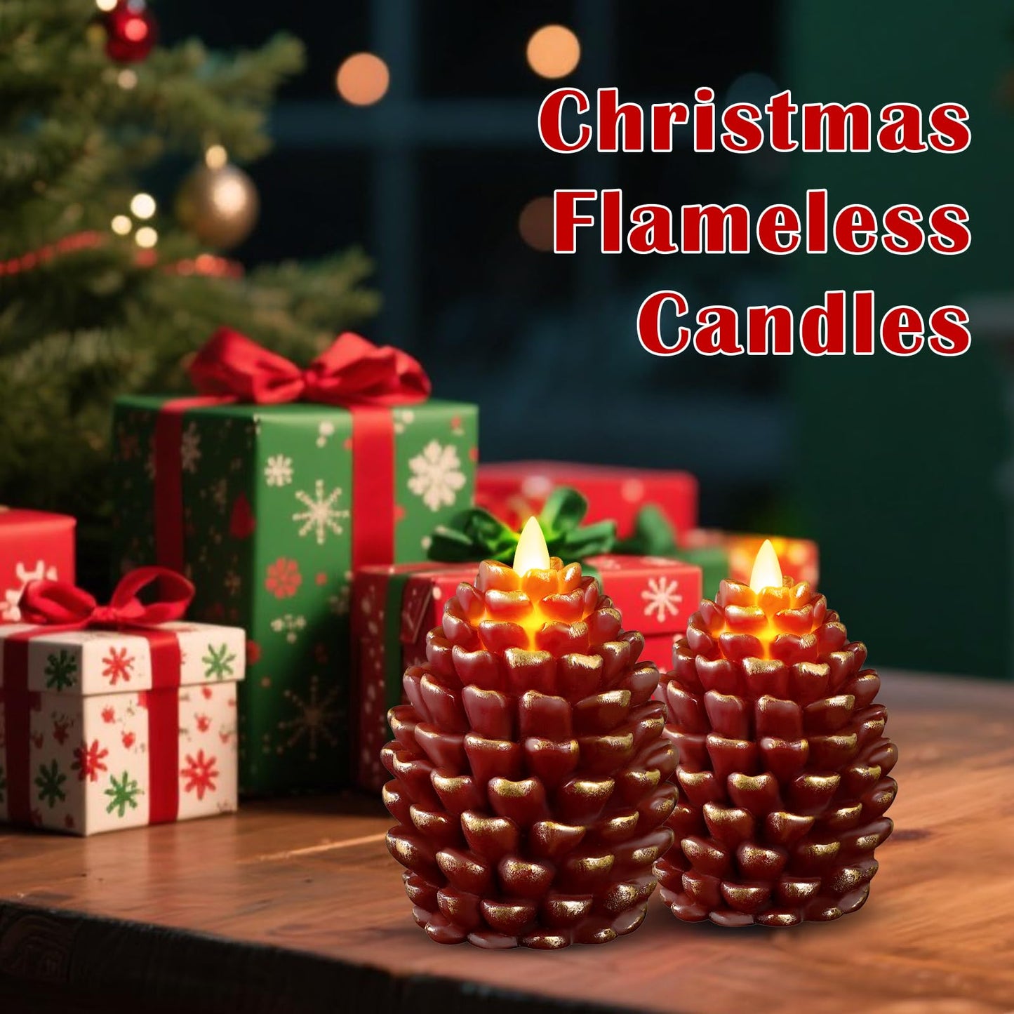 YIOJOYD Christmas Pinecone Candles Flameless,Battery Operated Candles with Flickering Wick,Indoors Fake Candle,Christmas Candle Pine Cones Holiday Decor,Winter Thanksgiving Decorations,Set of 2