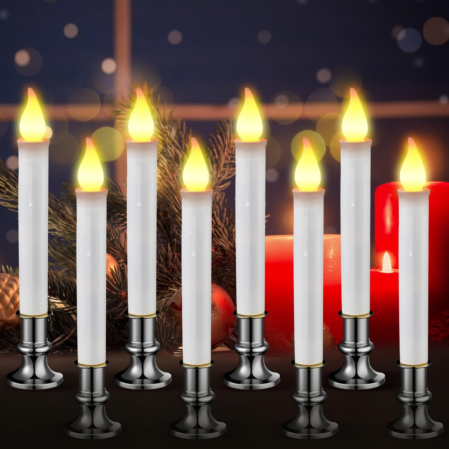 Baquler 8 Pcs Christmas LED Window Candles with Sensor Dusk to Dawn Light Sensor 9.37 Inches Cordless Flameless Battery Taper Candles with Flickering Amber Flame for Xmas Home Decor(Silver)