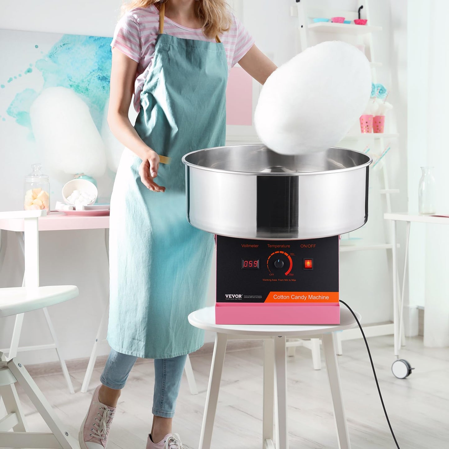 VEVOR Cotton Candy Machine Commercial, 1000W Electric Floss Maker with Stainless Steel Bowl, Sugar Scoop, Storage Drawer, Perfect for Home, Carnival, Kids Birthday, Family Party, Pink