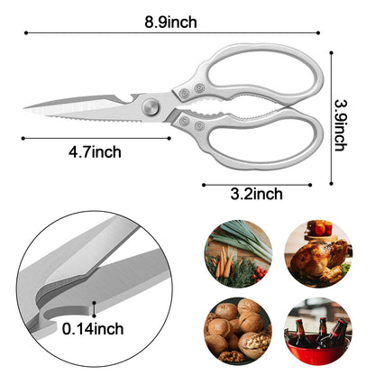 CGBE Kitchen Scissors, Multi-Purpose Kitchen Shears, Heavy Duty Dishwasher Safe Food Scissors for Chicken, Poultry, Fish, Meat & Herbs with Non-Slip Grips - Sliver