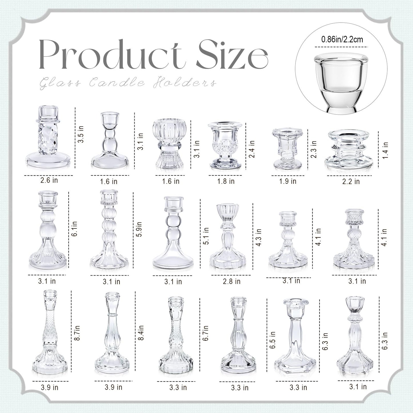 Mumufy 18 Pcs Glass Crystal Taper Candle Holders Clear Glass Candlestick Holder Fit 0.8 Inch Candles Crystal Decorative Candlestick Stand Centerpiece for Table Wedding Dining Party