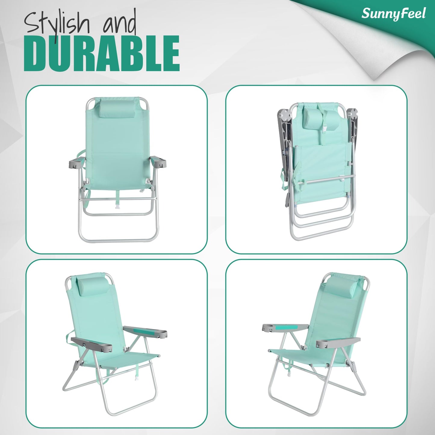 SUNNYFEEL 17" Tall Oversized Beach Chairs 2 Pack for Adults Heavy Duty 500 LBS, 5 Position, Portable High Folding Camping Chair with Cup Holder for Outdoor/Lawn/Trip, Foldable Sand Chairs for Adults