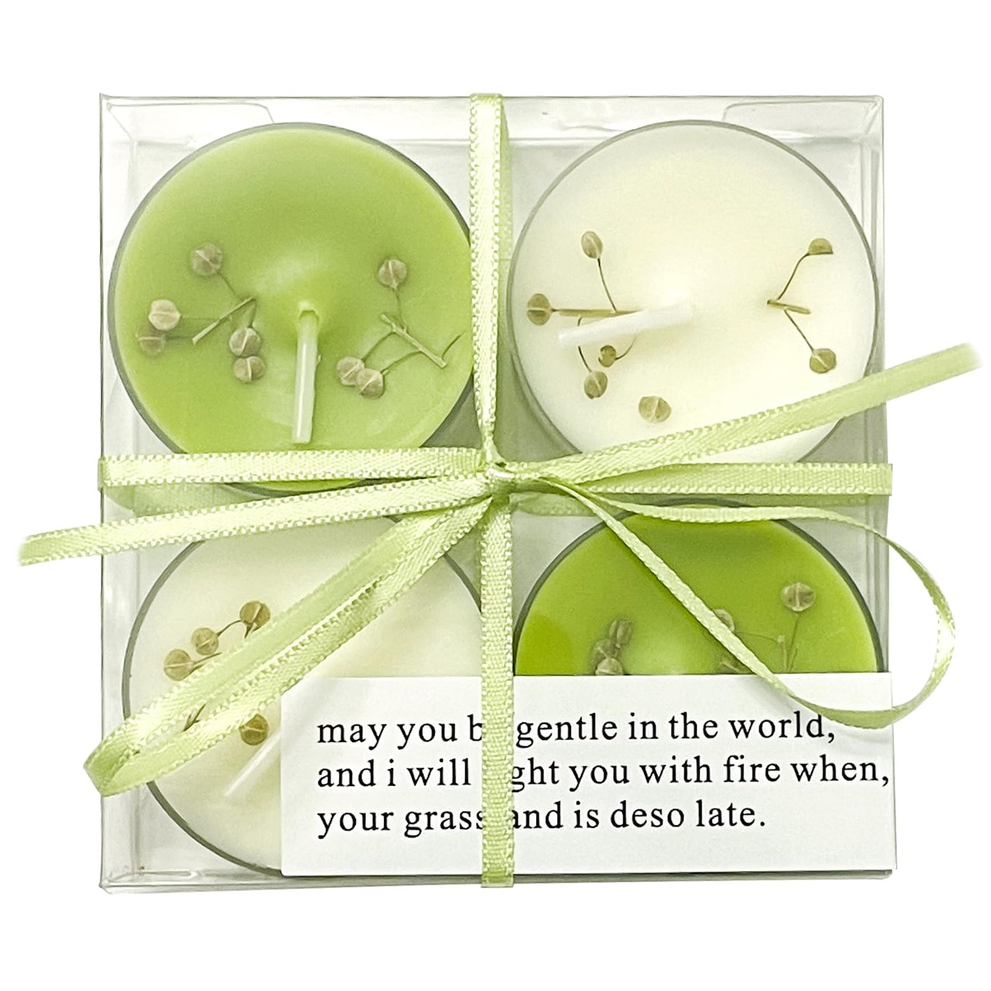 English Pear & Freesia Scented Tea Lights, 4-Pack White & Green Beeswax Soy Wax Tealight Candles with Dried Flower Decoration, Long-Lasting, Ideal for Relaxation, Spa, and Gifts