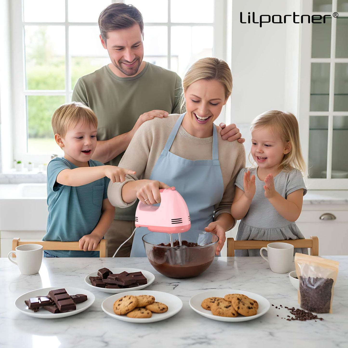 LILPARTNER Hand Mixer Electric, Small Food Mixer 7 Speeds Handheld Blender, 304 *(2* Beater, 2*Dough Hook) Kitchen Blender for Cream, Cookies, Dishwasher Safe