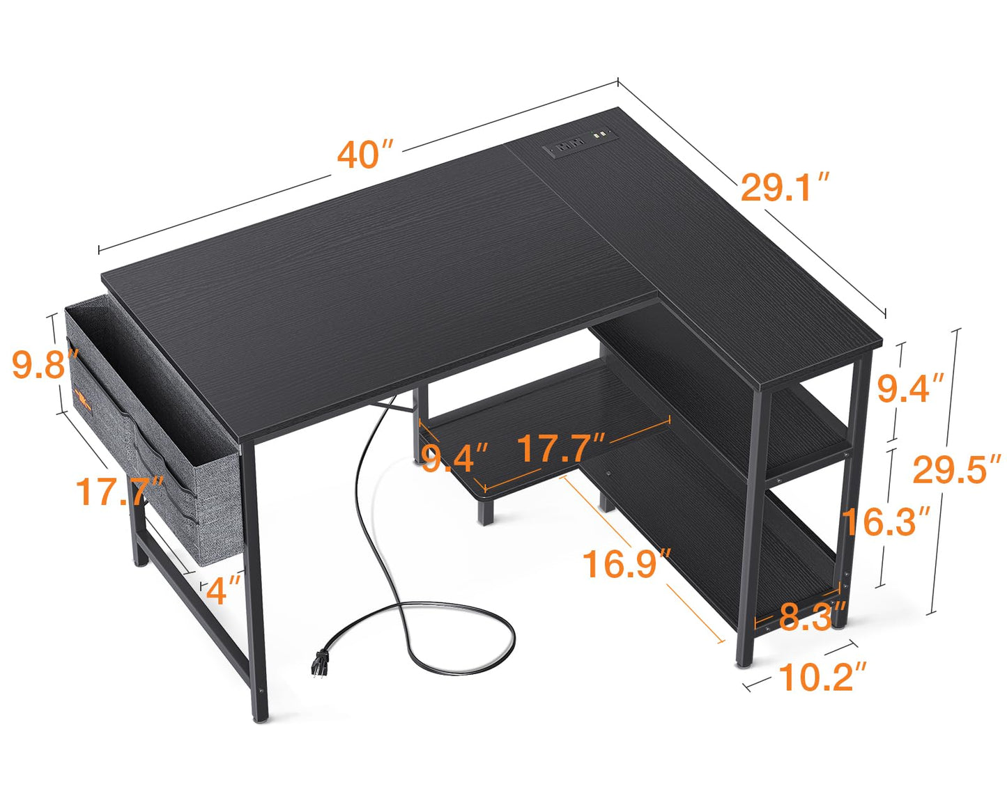 ODK 40 Inch Small L Shaped Gaming Computer Desk with Power Outlets, Reversible Storage Shelves & PC Stand for Home Office, Simple Writing Study Table with Storage Bag for Small Space, Black