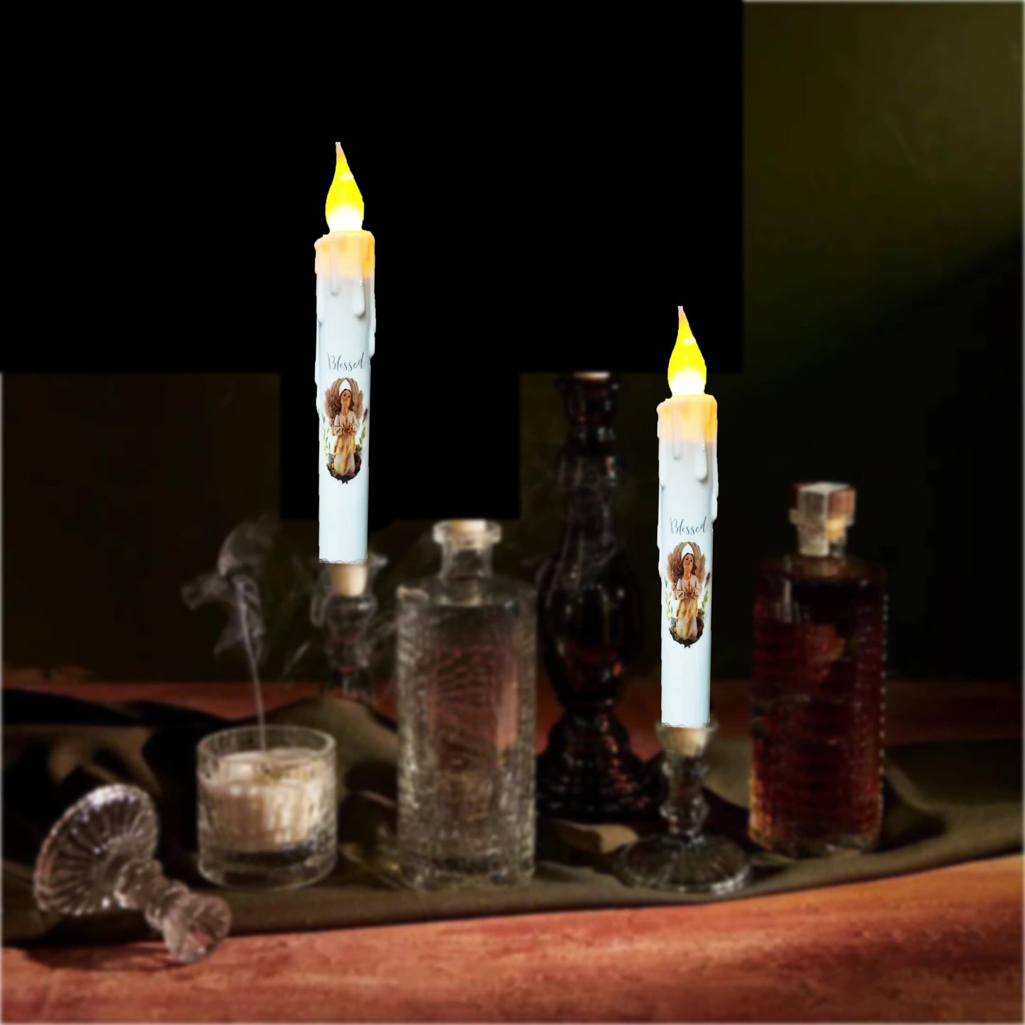TAIANLE Primitive Battery Operated Flameless Taper Candles with Timer, 6.75 Inch Flickering Led Candlestick, Dripless Decorative Taper Candle for Halloween Christmas Wedding Home Decor