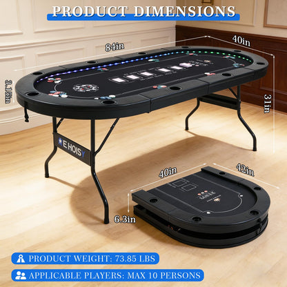 REAHOISY LED Poker Table, 84" 10 Players Oval Foldable Texas Holdem Casino Table with Tri-Color LED Lights, Board Game Table for Home Game Room with 10 Cup Holders and Padded Armrests