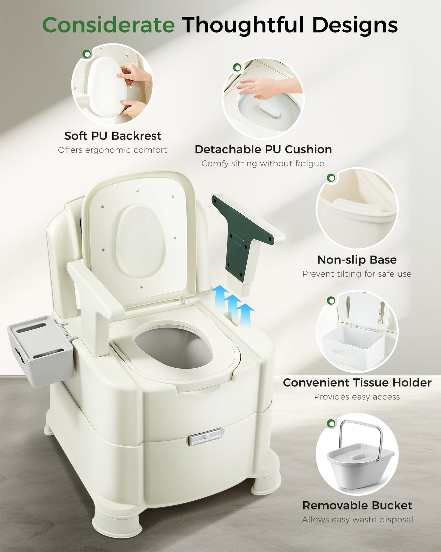 HygiVital Bedside Commode, 500lbs Heavy Duty & Upgraded Commode Toilet Potty Chair, Portable Camping Toilet, Detachable Armrests, Automatic LED Light, 2-Level Height, 3 Rolls of Commode Liners 【Green】