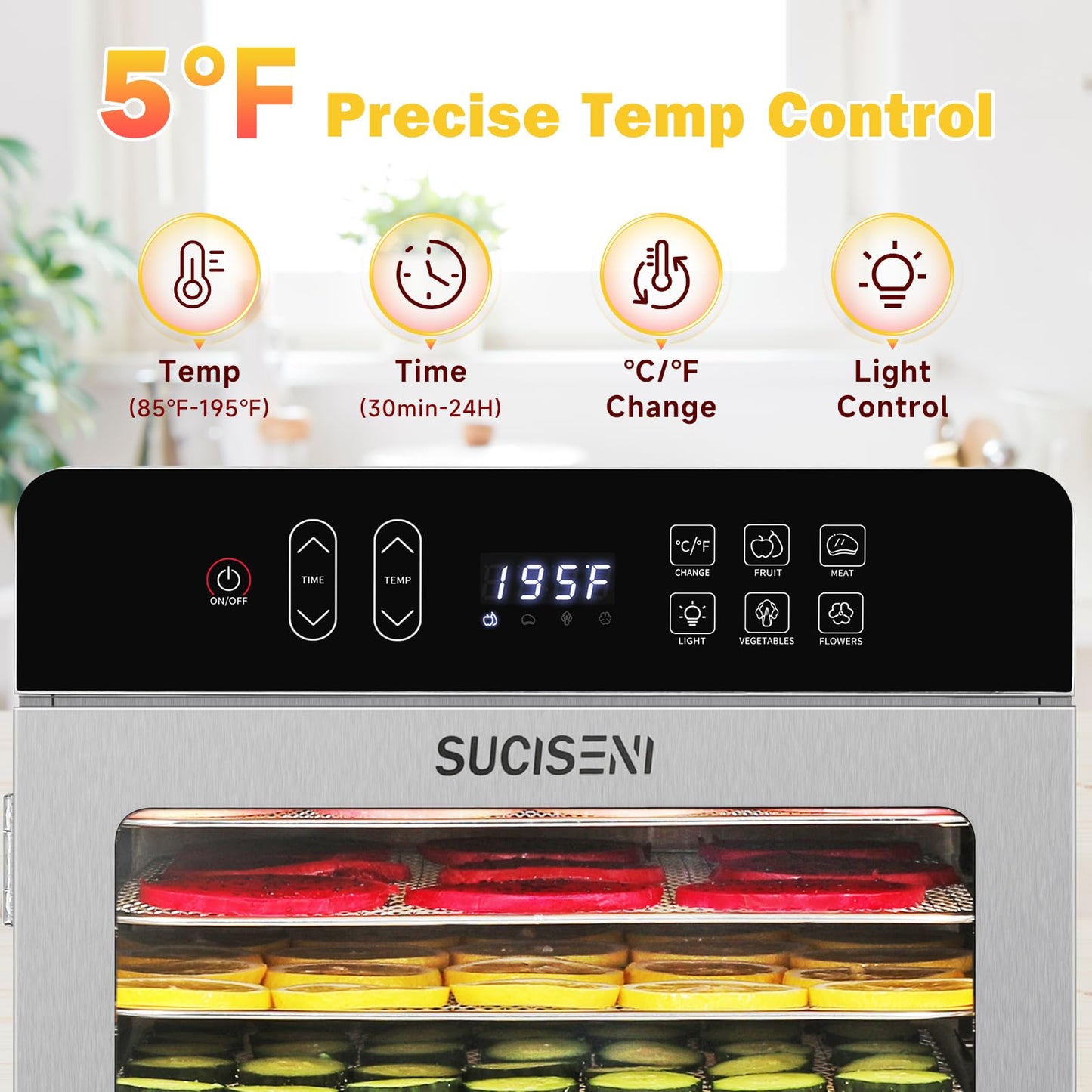 SUCICENI Food Dehydrator for Jerky, 10 Stainless Steel Trays 9ft² Dehydrator Machine, 1000W Dehydrator with 24H Timer 195℉ Temperature Control for Meat, Fruits, Veggies, Dog Treats