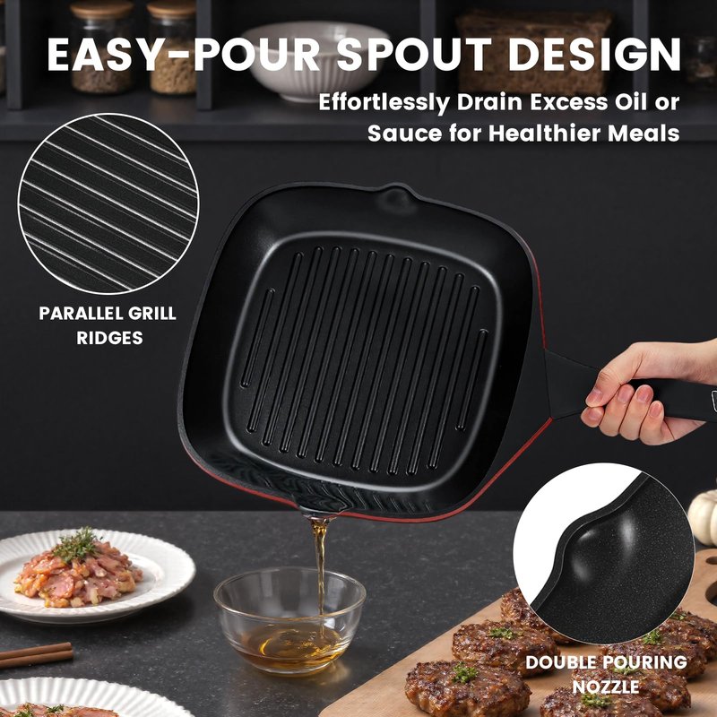 EvoFar 11 Inch Nonstick Grill Pan, Square Large Grilling Skillet Steak Pan for Stove Tops, Granite Coating Grill Skillet with Pour Spouts, PTFE & PFOA Free, Durable Grilling Pan for Indoor & Outdoor