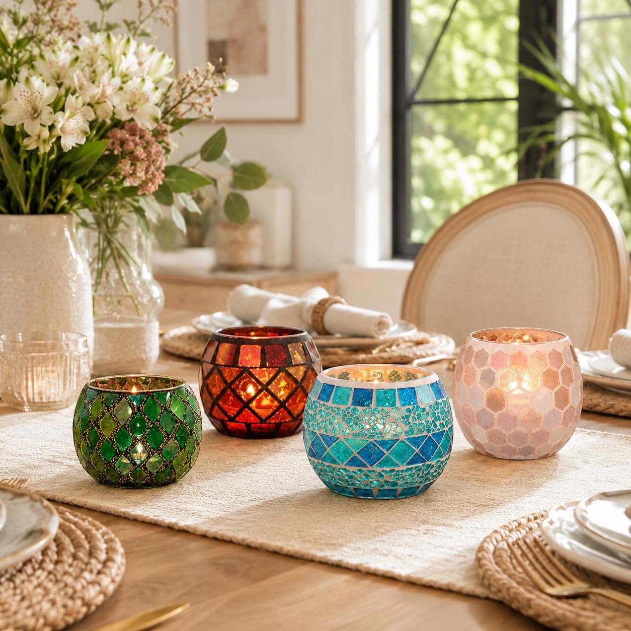 Votive Candle Holder Tea Lights - Glass Candle Holders, Mosaic Tealight Candle Holder, Candle Jar Cup for Wedding Centerpiece Party Table Decorations, Valentines Day Decor