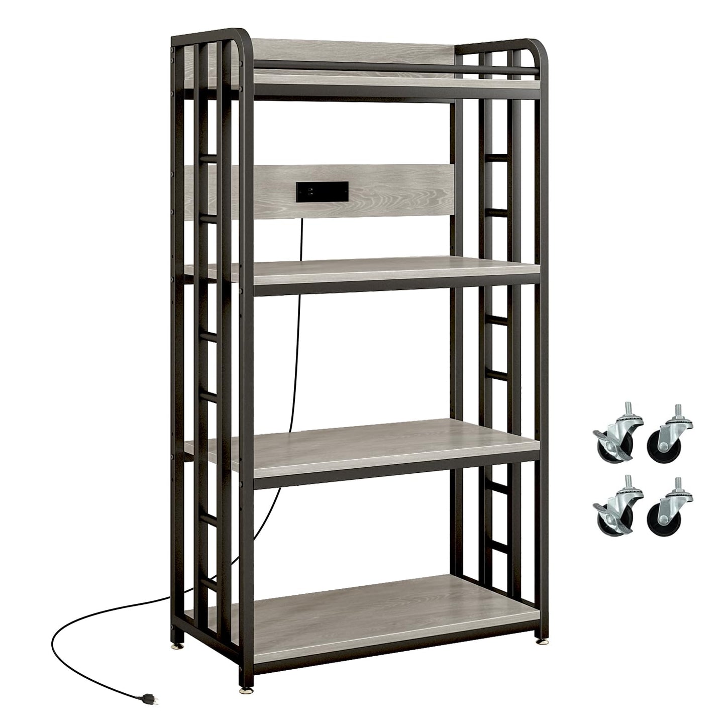 METYERRY Adjustable 4-Tier Heavy Duty Kitchen Baker's Rack with Power Outlet, with Industrial Wheels, Free Standing Microwave Oven Cart Stand for Storage in Living Room, Garage, Greige