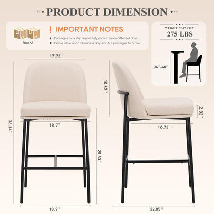 COLAMY Counter Height Bar Stools Set of 4, 25 Inch Modern Fabric Kitchen Island Stools with Back, Upholstered Counter Barstools Armless Bar Chairs with Metal Legs for Island Dining Room Bar, Beige