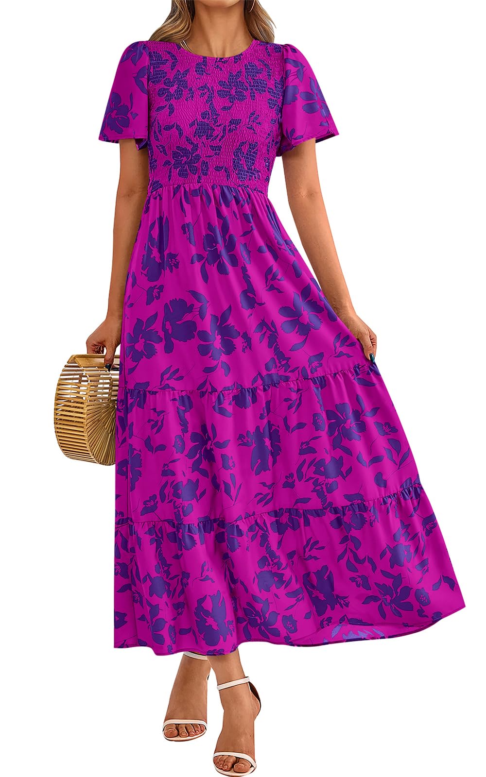 PRETTYGARDEN Women's 2025 Summer Casual Flutter Short Sleeve Boho Floral Maxi Dress Crew Neck Smocked Tiered Long Dresses