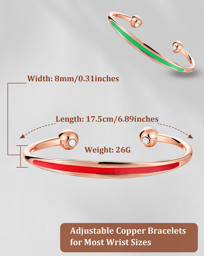 BioMag 2Pcs Copper Bracelets for Women Men, 99.9% Pure Copper Magnetic Bracelet Cuff Bangle with 8Pcs Magnets, Adjustable Jewelry Gifts (Green, Red)