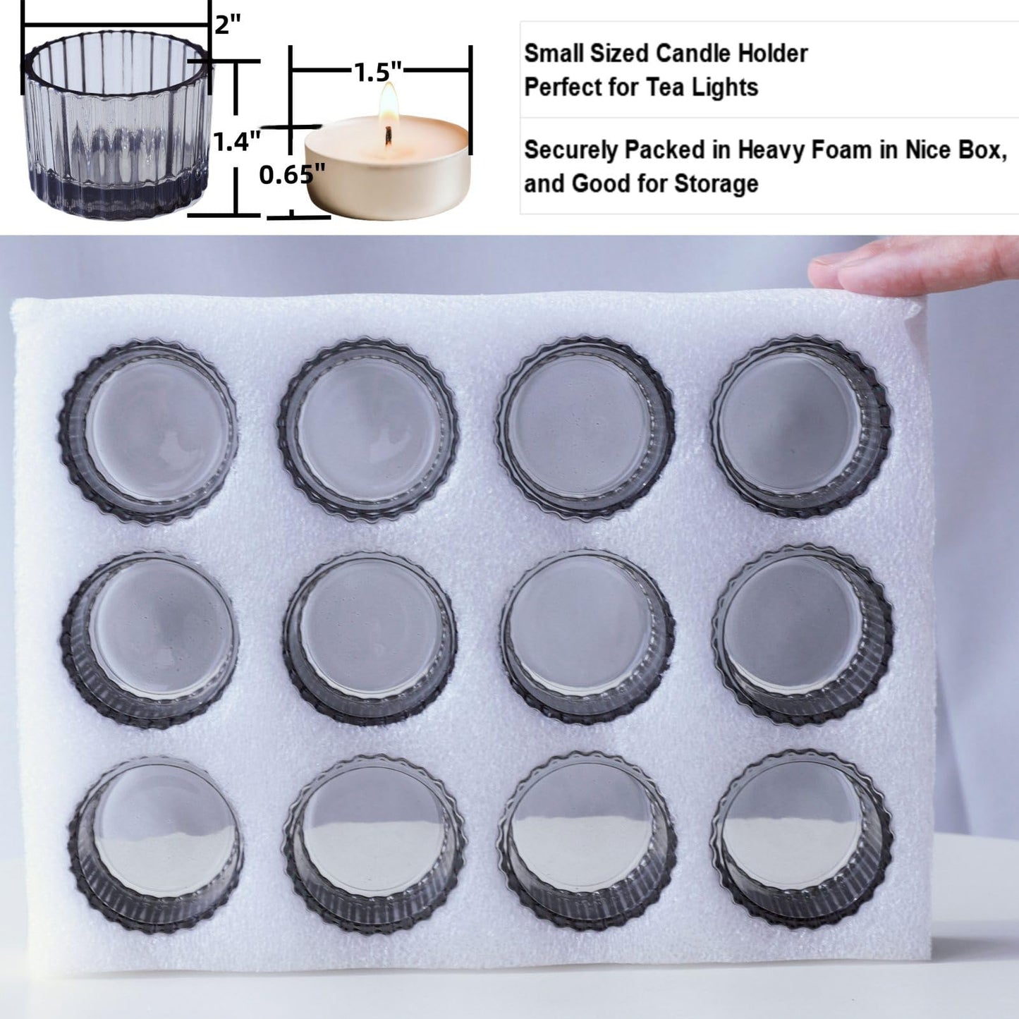 VOHO Classic Grey Tealight Candle Holder for Modern Home Decor, Set of 12 Tea Light Candle Holder Glass Ribbed Gifts for Thanksgiving Holiday, Small Votive Candle Holders for Birthday Themed Party