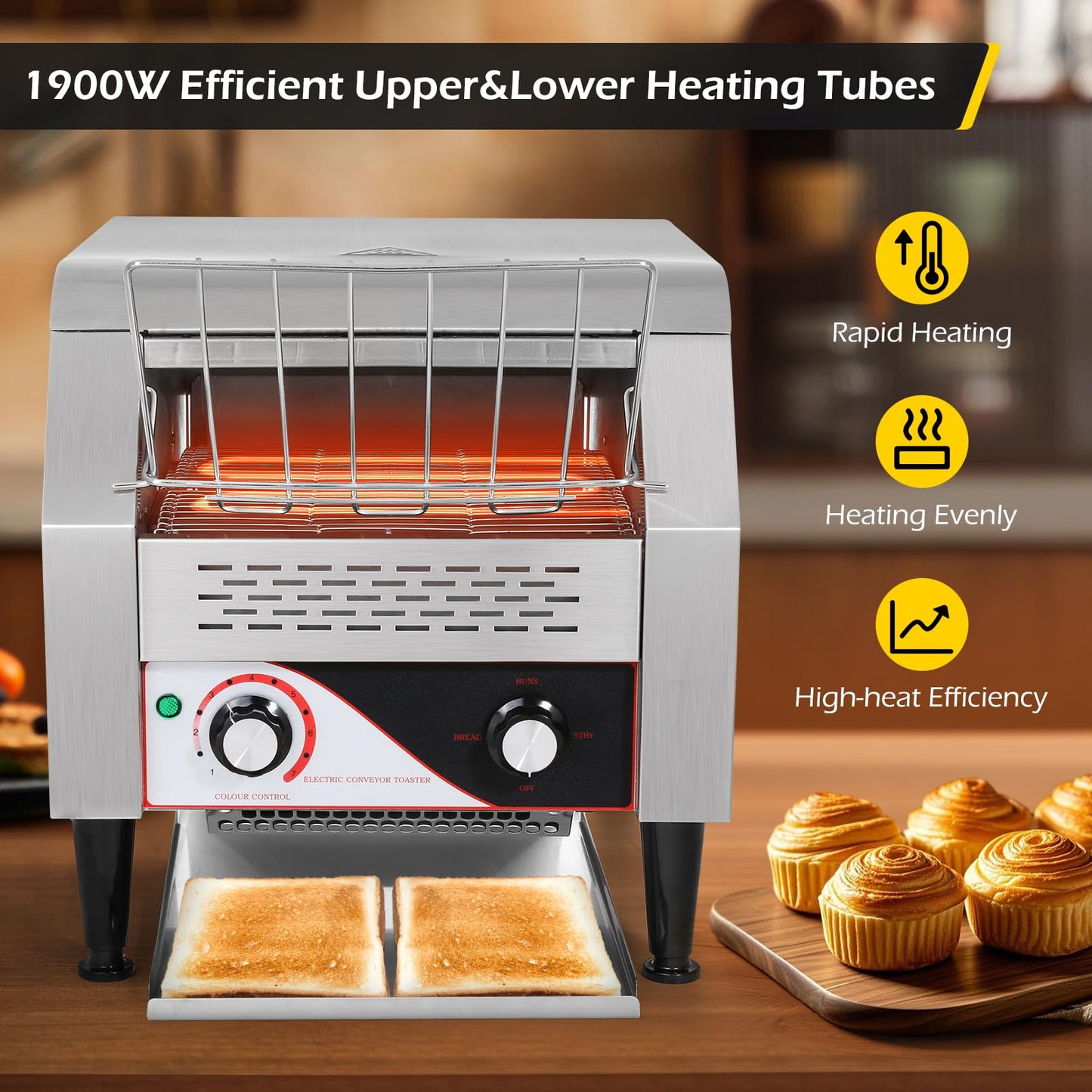 Dyna-Living Commercial Toaster 300 Slices/Hour Conveyor Toaster Commercial 1900W Heavy-duty Stainless Steel Rotating Toasters Oven for Restaurant, Conveyor Belt Toasters for Bun, Bagel, Bread