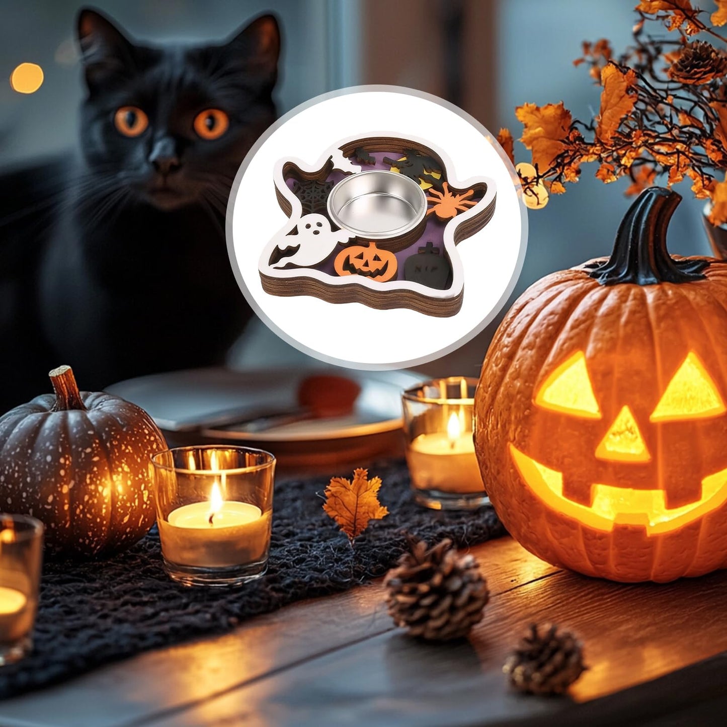 Halloween Tea Light Candle Holders 1PCS Wooden Ghost Tealight Holders with Metal Cups for Halloween Party, Table Centerpiece & Home Décor(White-Ghost)