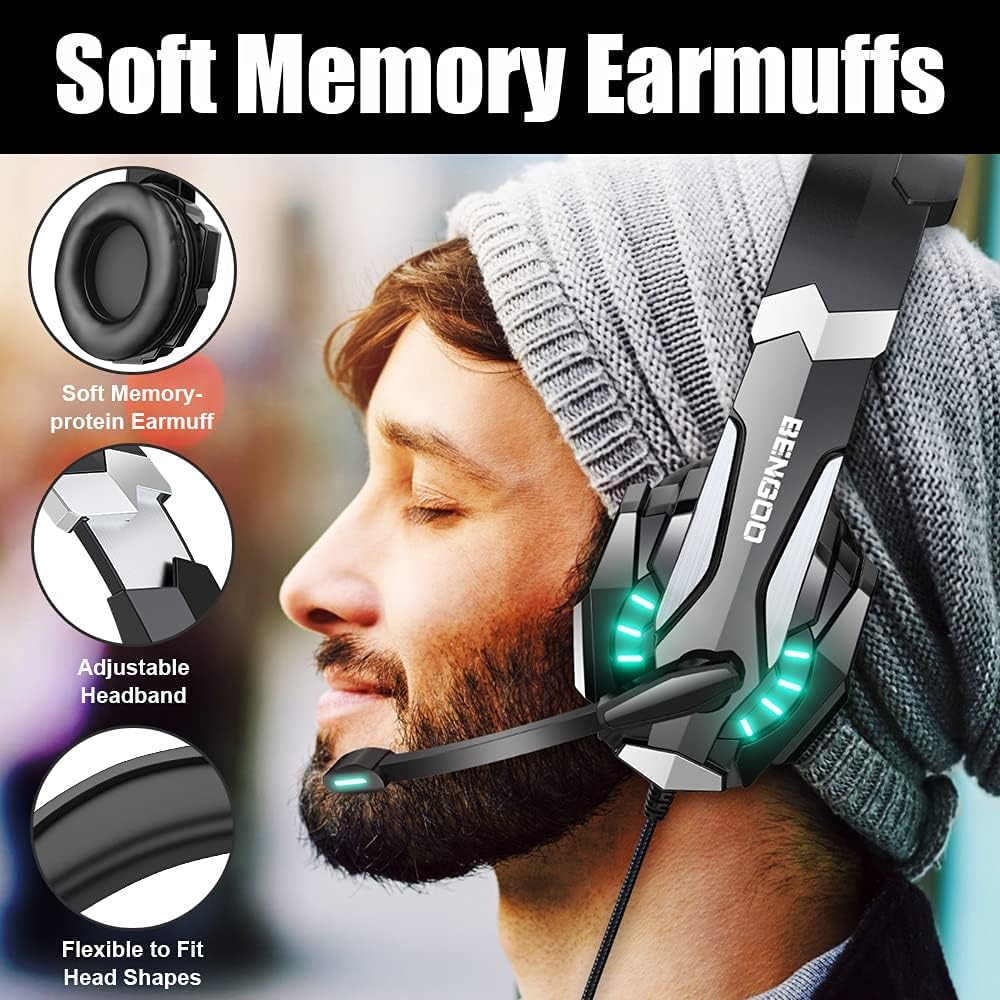 BENGOO G9000 Stereo Gaming Headset for PS4 PC Xbox One PS5 Controller, Noise Cancelling Over Ear Headphones with Mic, LED Light, Bass Surround, Soft Memory Earmuffs for Laptop Mac - Black