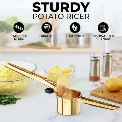 Zulay Kitchen 15oz Potato Ricer - Heavy Duty Stainless Steel Masher for Perfect Mashed Potatoes | Gold/Black