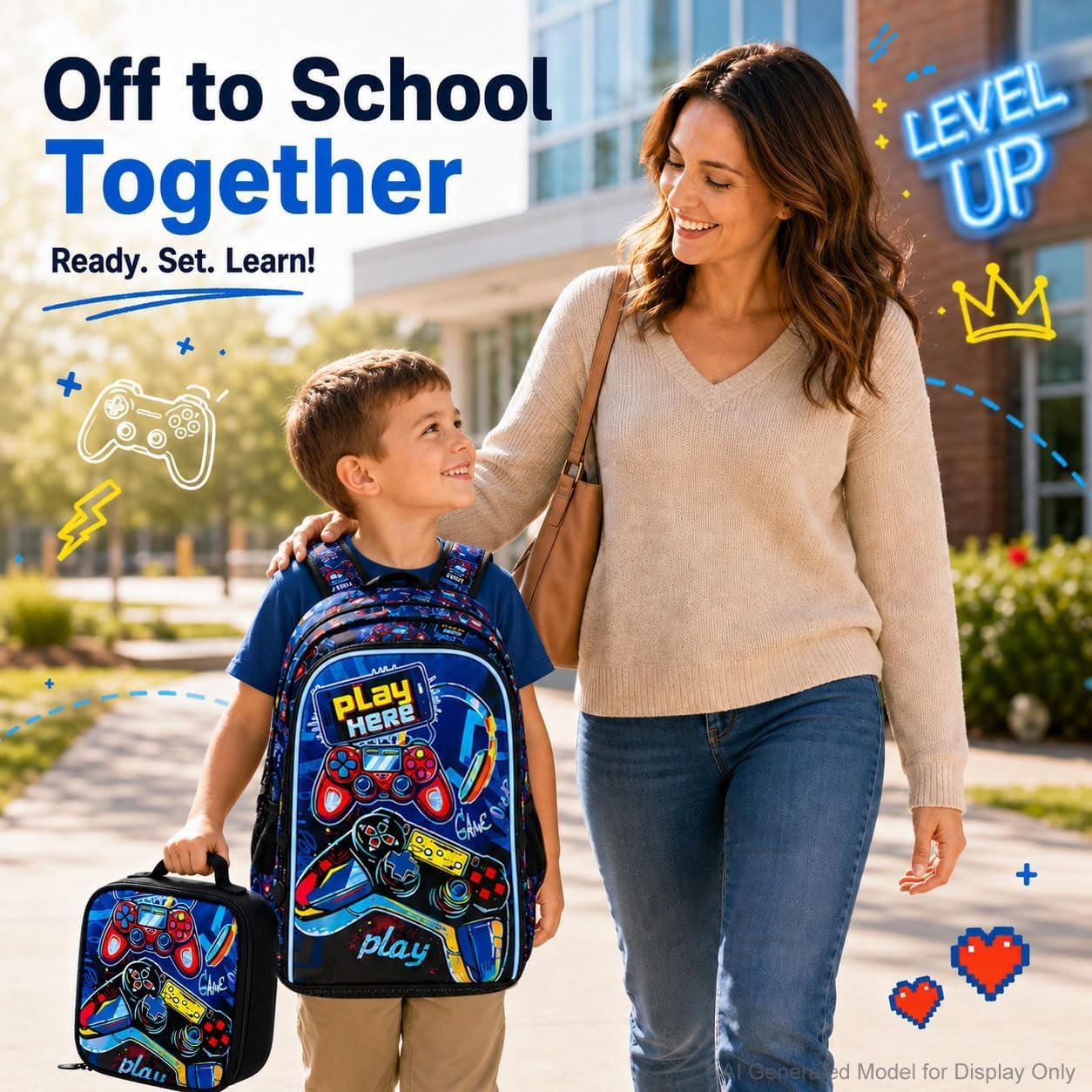 CCJPX 3PCS Gamer Backpack for Boys, 16 Inch Kids Water Resistant Preschool Bookbags, Cool Kindergarten School Backpacks and Lunch Box