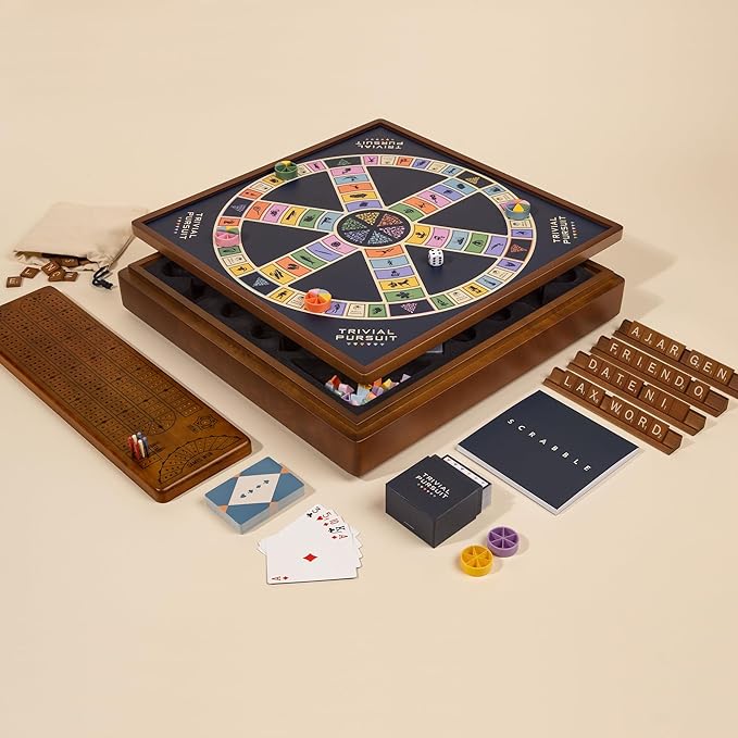 Scrabble Trivial Pursuit and Cribbage 3-in-1 Premium Game Collection by WS Game Company with Rotating Wooden Cabinet Reversible Game Board and Built-in Storage Family Board Games for 2-6 Players