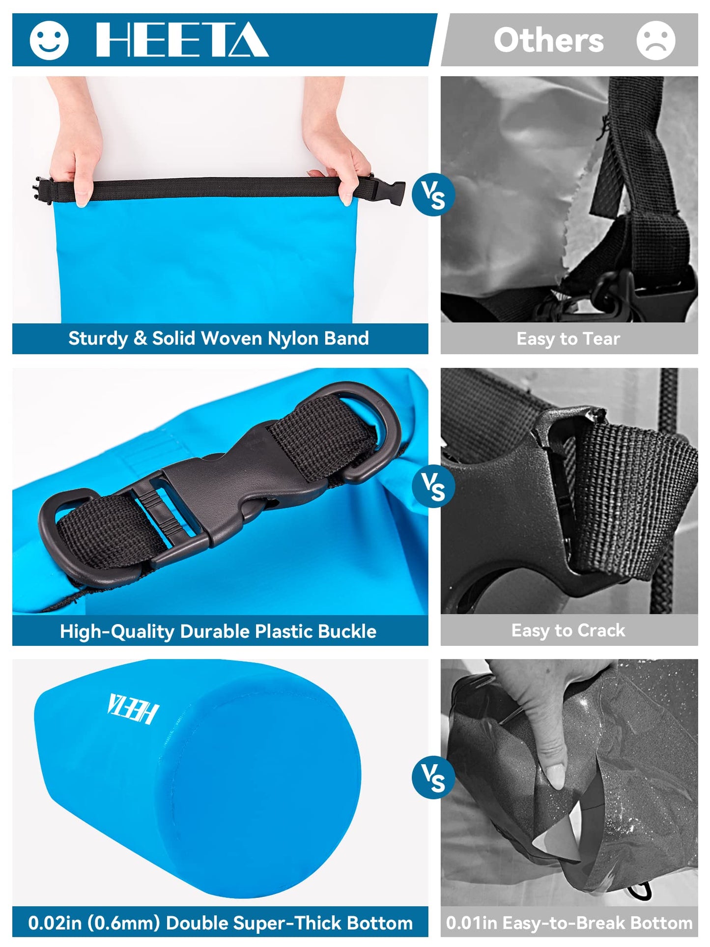 HEETA Waterproof Dry Bag for Women Men (Upgraded Version), Roll Top Lightweight Dry Storage Bag Backpack with Emergency Whistle for Travel, Swimming, Boating, Kayaking, Camping, Beach (Blue, 10L)