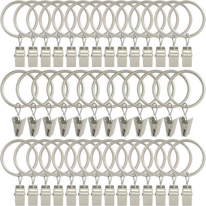 AMZSEVEN 40 Pack Curtain Rings with Clips, Drapery Clips with Rings, Drapes Rings 1.26 in Interior Diameter, Fits up to 1 in Curtain Rod, Matte Silver