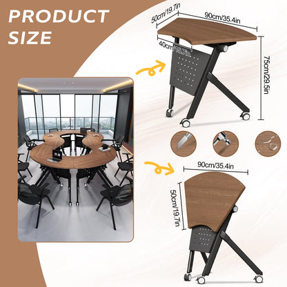 JFazzruit Folding Conference Table,Fan-Shaped Conference Room Tables with Wheels, Mobile Modular Seminar Meeting Desk for Classrooms,Office & Seminar (2, Fan-Walnut)