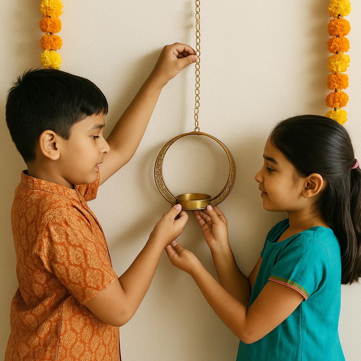 Go Hooked Hanging Round Metal Tealight Candle Holder with Chain Set of 3pcs Handcrafted Floral Cut Design Candle Stand for Diwali, Mandir, Table Décor – Matte Gold Finish Decorative Diya Holder