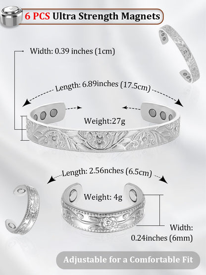 BioMag Lymphatic Drainage Ring & Copper Bracelet, 99.99% Pure Copper Magnetic Bracelet & Ring with Built-in 3500 Gauss Magnets, Adjustable Size,Floral Branch and Leaf Pattern
