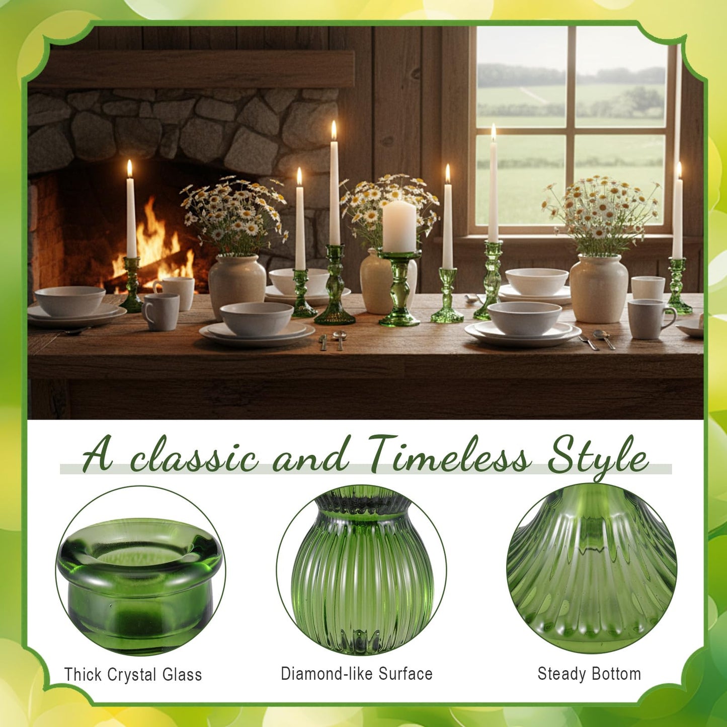 Mumufy 20 Pcs Glass Crystal Taper Candle Holders Clear Glass Candlestick Holder Fit 0.8 Inch Candles Crystal Decorative Candle Stand Centerpiece Table Wedding Dining Party(Green)