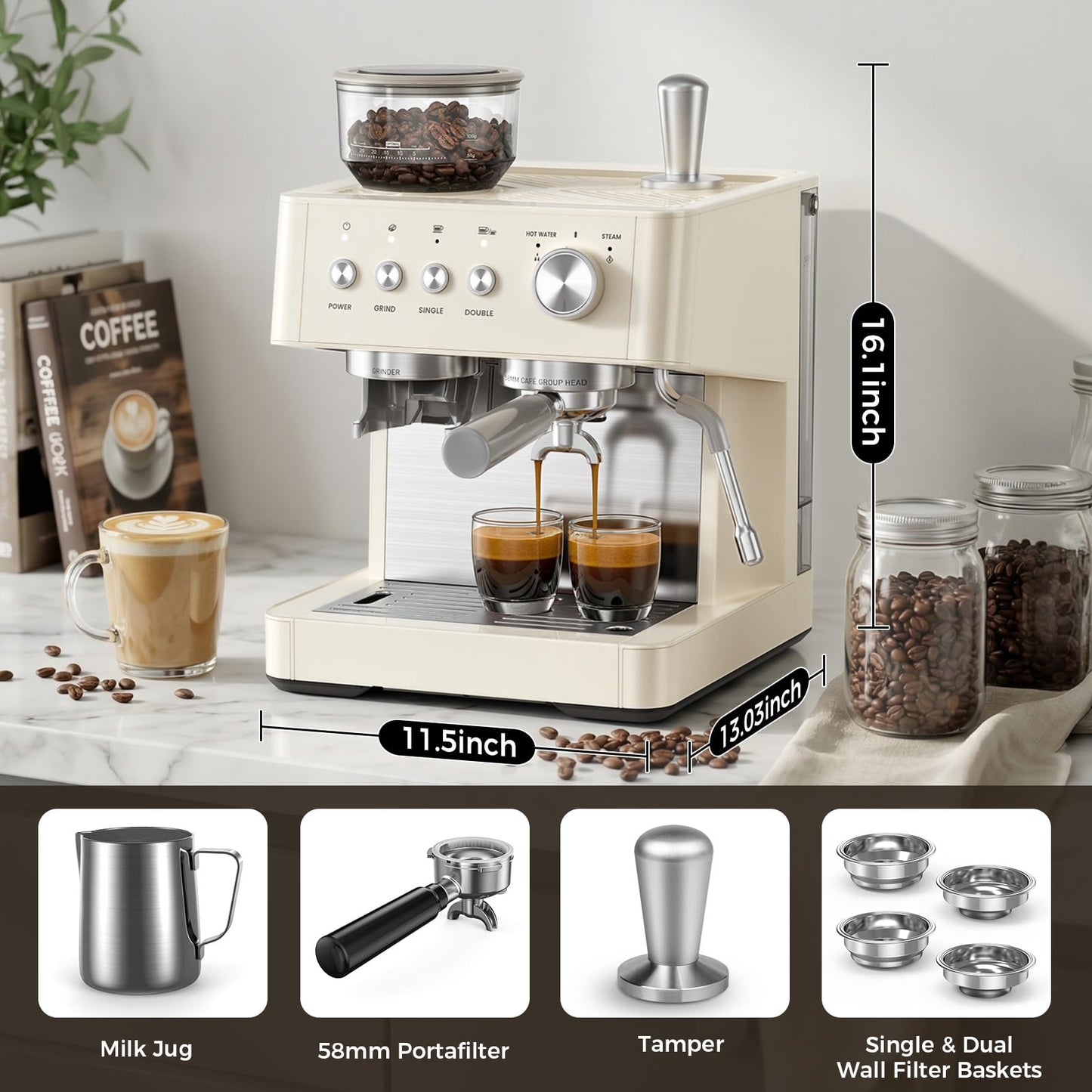 Kndko Espresso Machine with Grinder, 20 Bar Espresso Coffee Machines with Milk Frother Steam Wand, Espresso Maker for Latte, Cappuccino, Hot/Cold Brew, White