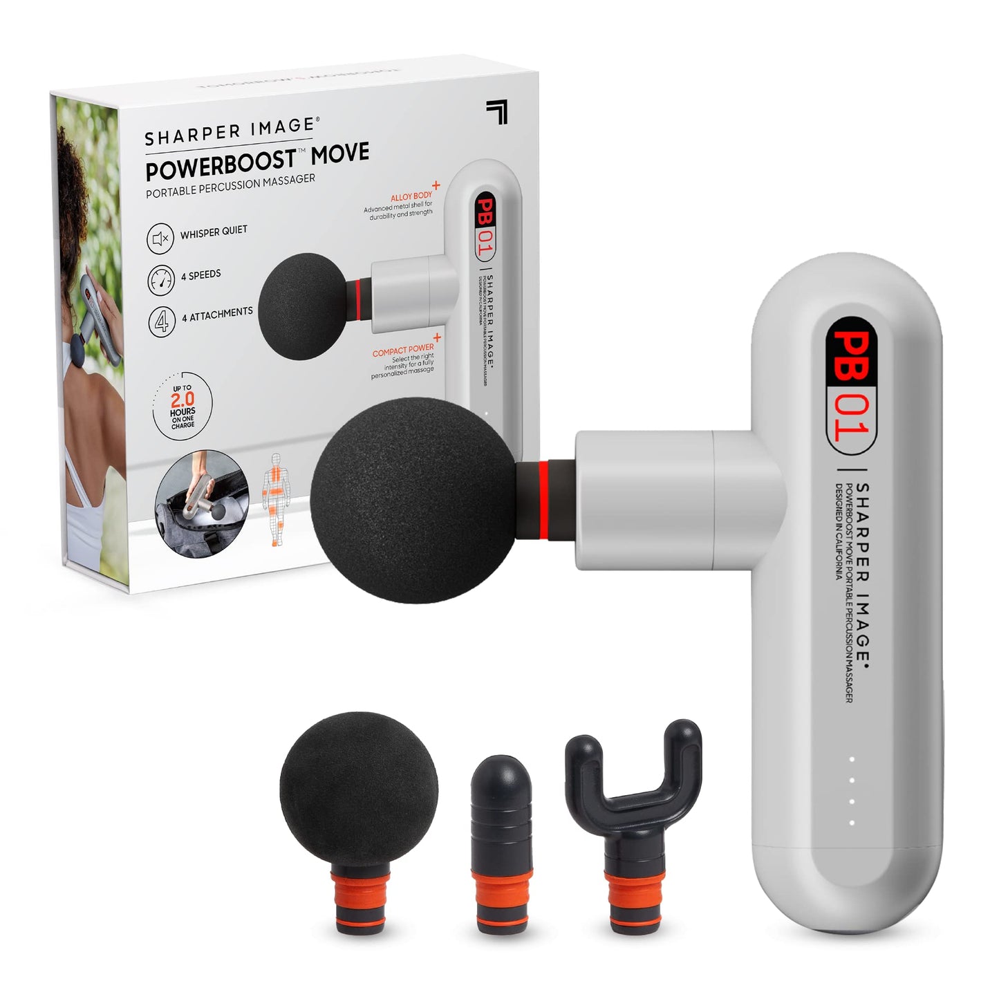 Sharper Image Percussion Massage Gun, Powerboost Move, Lightweight & Portable, 4 Attachments, 4 Speeds, Full Body Back & Shoulder Massager for Deep Tissue Muscle Recovery, Pain Relief & Soreness