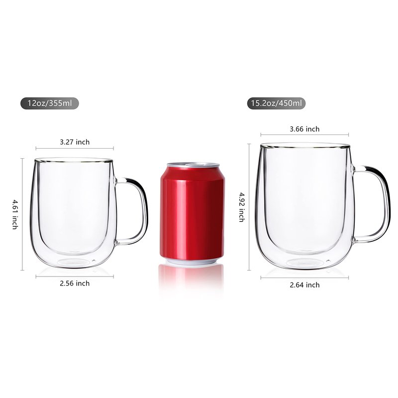 CNGLASS Large Double Wall Glass Coffee Mug 15.2oz,Clear Insulated Glass Espresso Cup with Big Handle,Clear Glass Espresso Mugs for Latte,Cappuccino,Tea Bag,Hot and Cold Beverages,set of 4