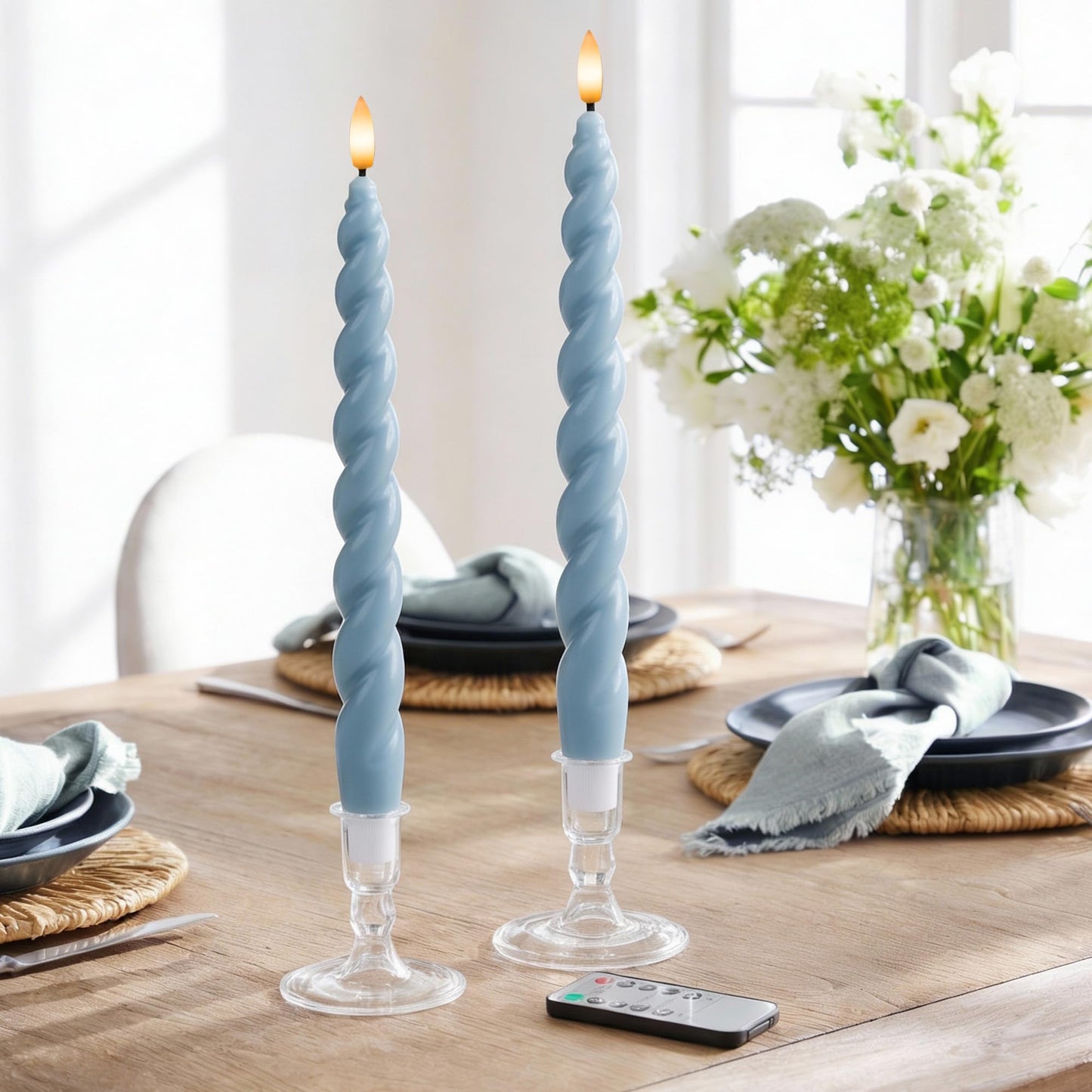 West Ivory Full Twisted Spiral Flameless LED Taper Candles – Dusty Blue, Set of 2 – 2/4/6/8-Hr Timer (24-Hr Memory), Remote, Dimmable, Bottom On/Off Button, Flicker/Steady, Battery Operated