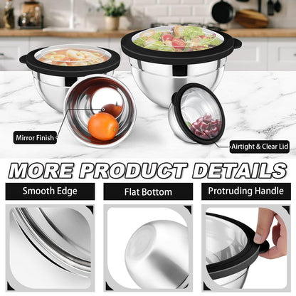 P&P CHEF Mixing Bowl with Lid Set of 7, Stainless Steel Nesting Salad Bowls for Cooking Serving Prepping, Clear Lids & Stackable Design, Size 4.6, 3.5, 3, 2, 1.5, 1, 0.7 Qt - Black