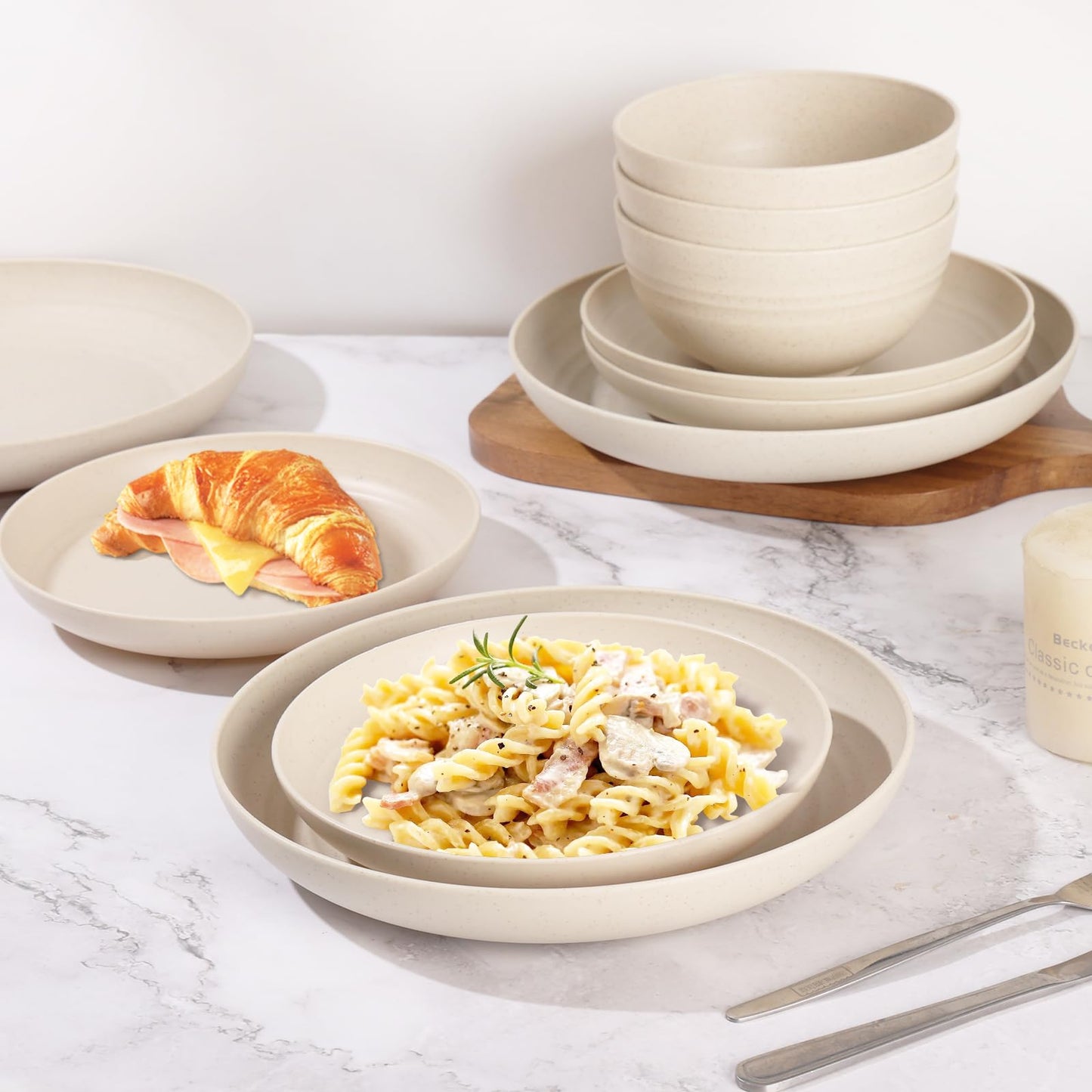 Gudvilla Wheat Straw Dinnerware Sets, 32Pcs Plastic Plates and Bowls Sets for 8, Unbreakable Reusable Wheat Straw Bowls Plates Cups Dishes Set, Dishwasher Microwave Safe, for RV Kitchen Camping