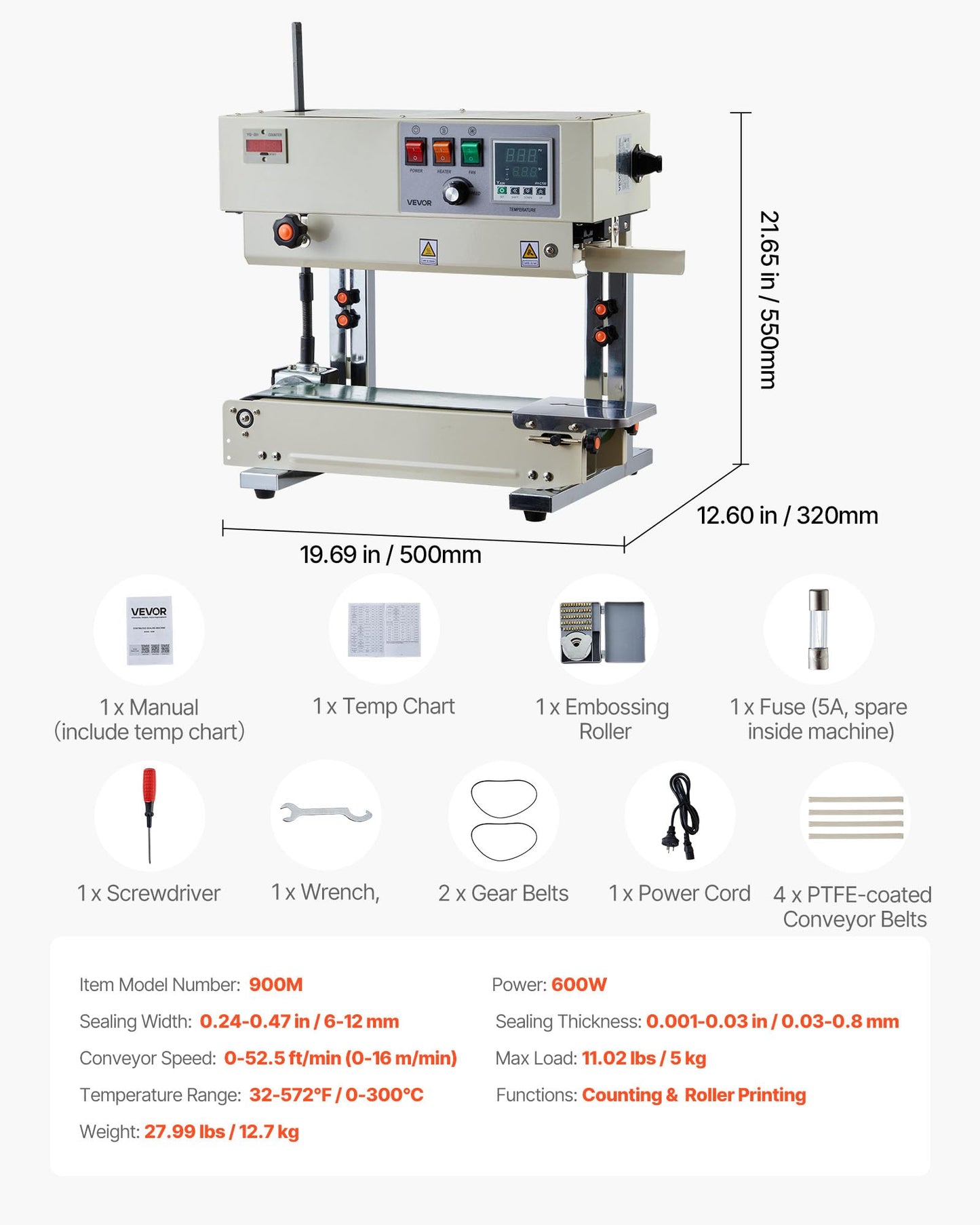 VEVOR Continuous Bag Band Sealing Machine, 0.24-0.47 in Seal Width, Vertical Band Sealer Machine with Roller Printing, Temp & Speed Adjustable, Heat Sealing Machine for 0.001-0.03 in Plastic Bags
