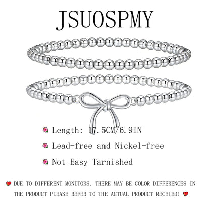 Jsuospmy Silver Beaded Bracelets for Women 14K Silver Bow Bracelet Handmade Stackable Bracelets for Women Trendy Non Tarnish Bracelet Jewelry Gift for Womens 2Pcs (07.Bow+Beaded (Silver))
