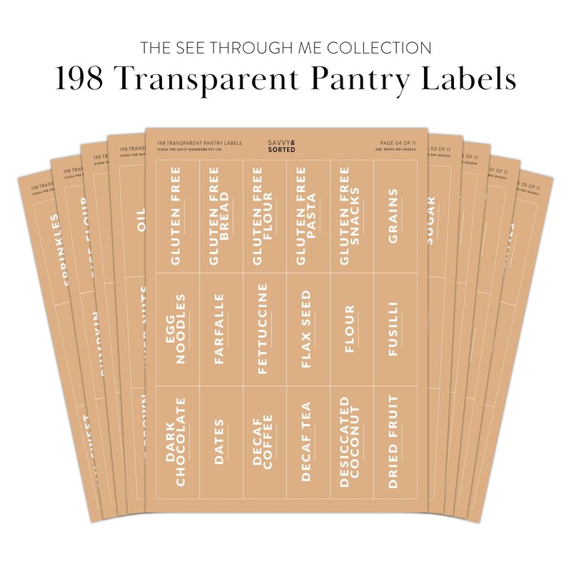 SAVVY & SORTED Pantry Labels for Food Containers, 198 Modern Font Kitchen Labels for Containers on Clear Sticker, Waterproof Scratch Resistant, Organize Pantry Essentials