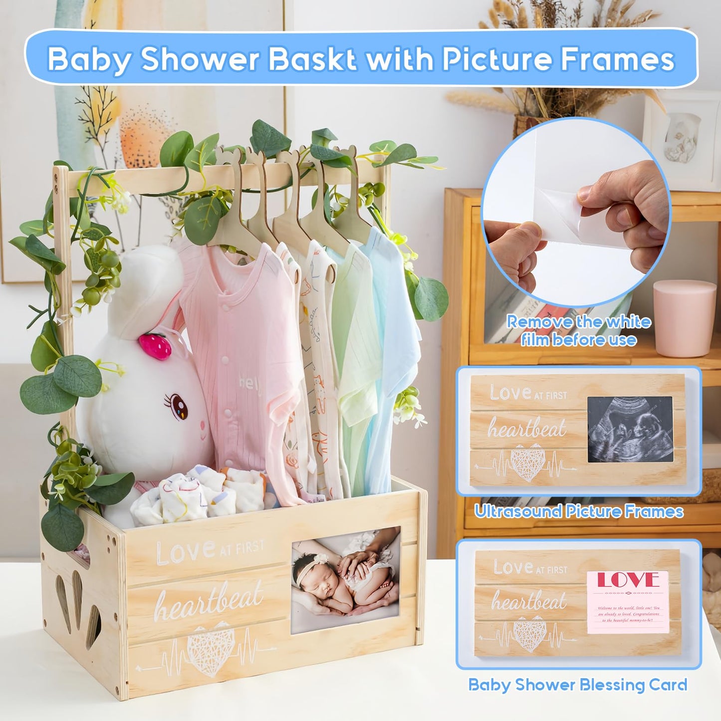 LLMQ Baby Gift Basket with Adjustable Handle, Thickened Wooden Baby Shower Crate Closet, Baby Shower Clothes Rack Storage Box, Larger Capacity Diaper Caddy Organizer (No Wreath)