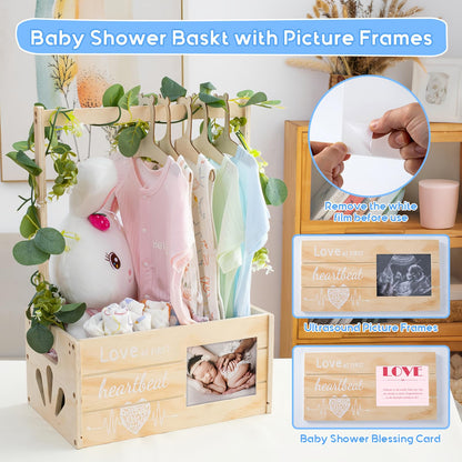 LLMQ Baby Gift Basket with Adjustable Handle, Thickened Wooden Baby Shower Crate Closet, Baby Shower Clothes Rack Storage Box, Larger Capacity Diaper Caddy Organizer (No Wreath)