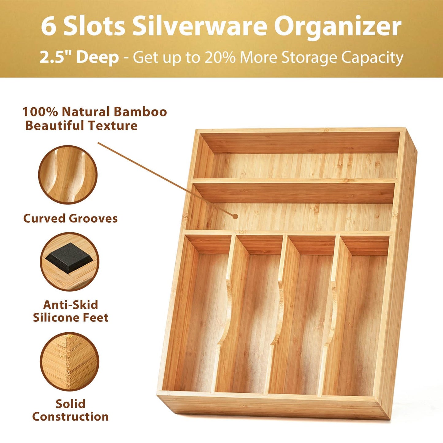 Umilife Bamboo Kitchen Drawer Organizer, 13 Inch Silverware Utensil Tray Holder, Extra Deep Grooved Drawer Divider, 7 Slots Total Bamboo Wood Caddy for Flatware Cutlery Knives, Forks, Spoons