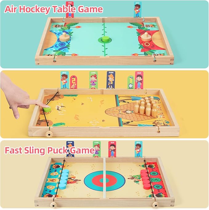 QZMTOY Large Fast Sling Puck Game Air Hocky Table Game Bowling Games -10 in 1 Family Games for Boys GirlsTeensAdultsWooden Hockey Board Game for 3+ Years Old Kids